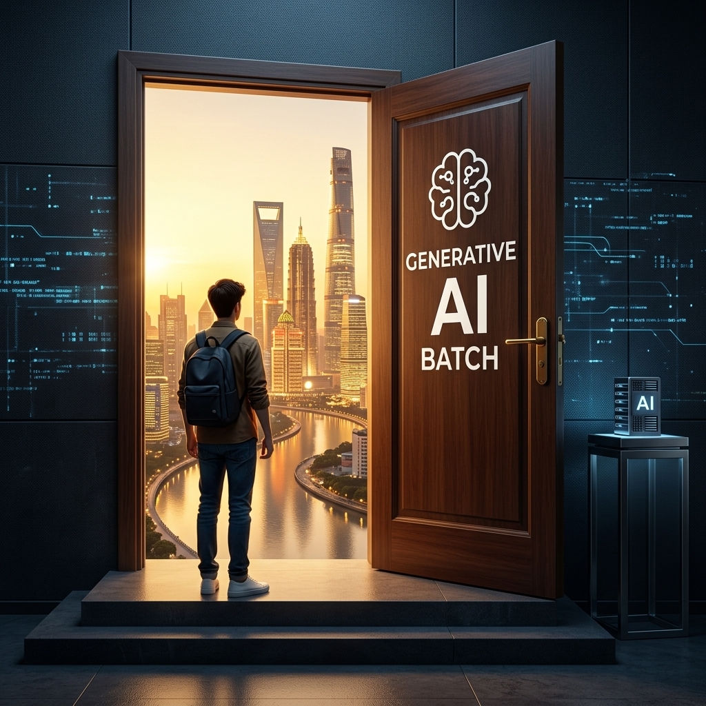 Student stepping through a door into a glowing AI-powered future city